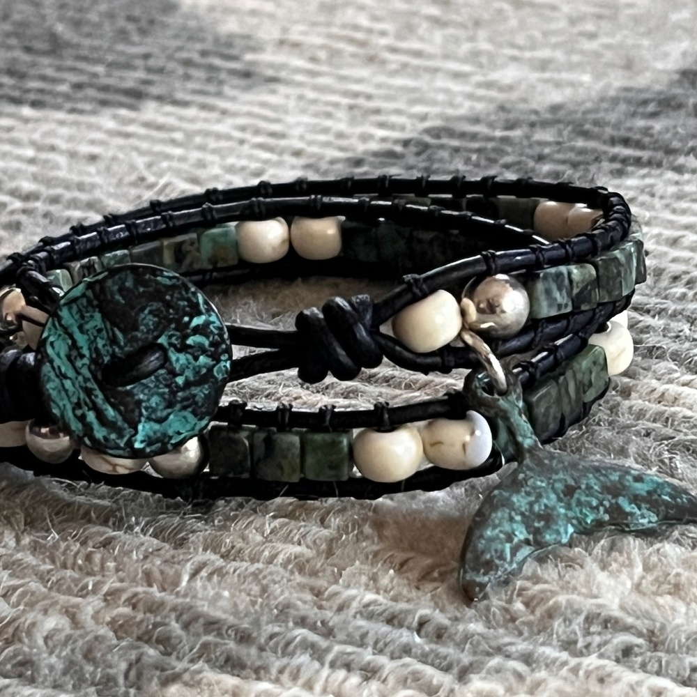 Double-Wrap Leather Bracelet - Square Turquoise, … - image 1